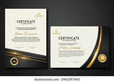 Luxury certificate template with glitter effect dan lines gold shine on frame background,diploma,Vector illustration and vector Luxury premium badges design. స్టాక్ వెక్టార్