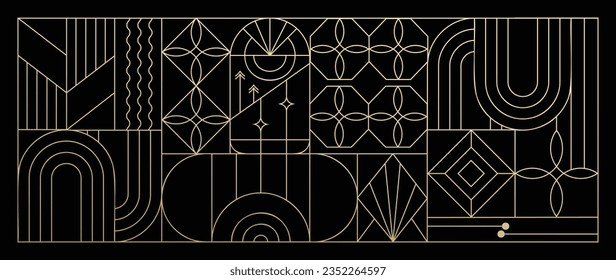 Luxury geometric gold line art and art deco background vector. Abstract geometric frame and elegant art nouveau with delicate. Illustration design for invitation, banner, vip, interior, decoration. Stock Vector