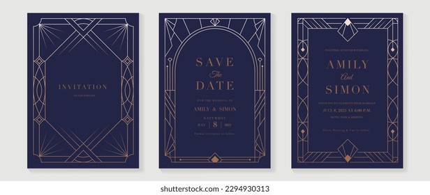 Luxury geometric pattern cover template. Set of art deco poster design with golden line, ornament, shapes, borders. Elegant graphic design perfect for banner, background, wallpaper, invitation. Stock Vector