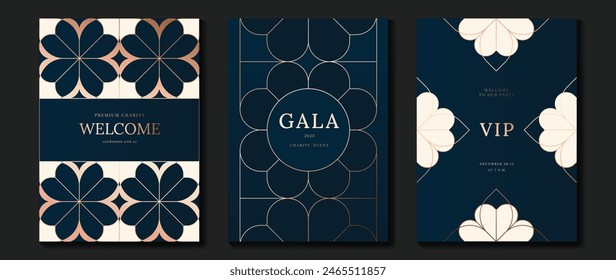 Luxury invitation card background vector. Golden elegant geometric shape, gold flower line on dark blue background. Premium design illustration for gala, grand opening, party invitation, wedding. Vektor Stok