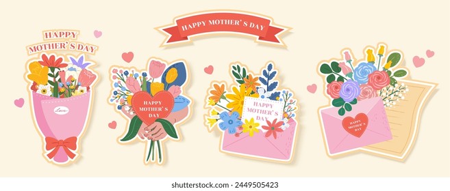 Mothers Day colorful flower bouquet elements isolated on cream white background. Stock Vector
