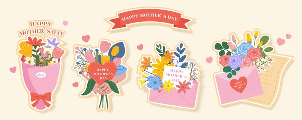 Mothers Day colorful flower bouquet elements isolated on cream white background. Stock-vektor