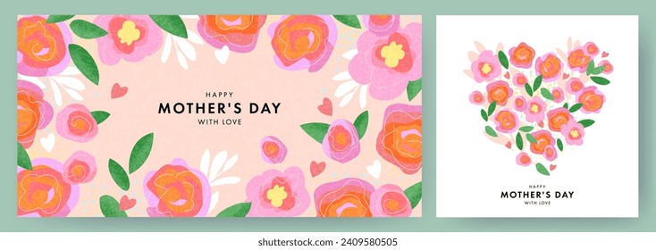 Mother's Day card. Trendy banner, poster, flyer, label or cover with flowers frame, abstract floral pattern in mid century art style. Spring summer bright abstract floral design template for ads promo: wektor stockowy