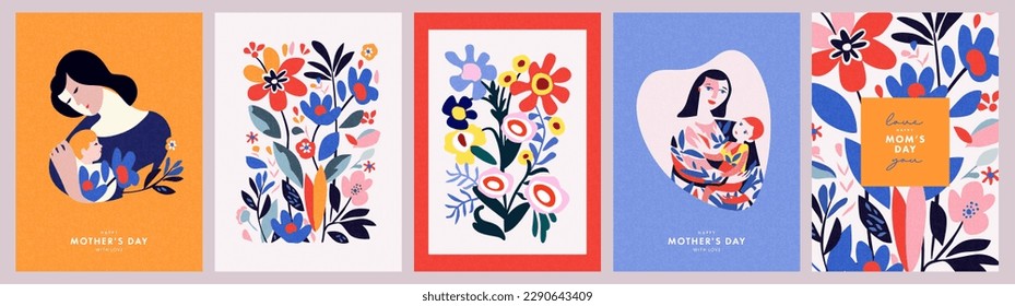 Mothers Day card set. Trendy posters or covers with flowers, abstract floral patterns and mother with child illustration in mid century modern art style. Spring summer bright abstract templates Stock Vector