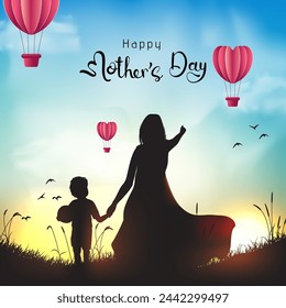 mothers day creative social media post template design with illustration of mother child standing on bright nature background, mother's day text calligraphy Stock Vector