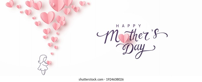 Mother's day greeting card. Vector banner with girl and flying pink paper hearts. Symbols of love on white background Stock Vector