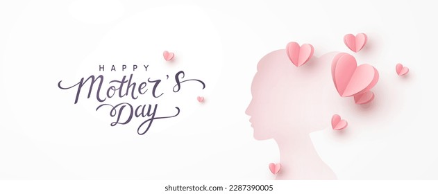 Mother's day greeting card. Woman silhouette with pink paper hearts. Vector festive mom postcard. Symbol of love mum and child on white background
 Stock Vector