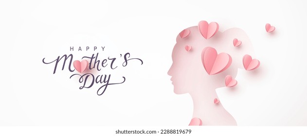 Mother's day greeting card. Woman silhouette with pink paper hearts. Vector festive mom postcard. Symbol of love mum and child on white background Stock Vector