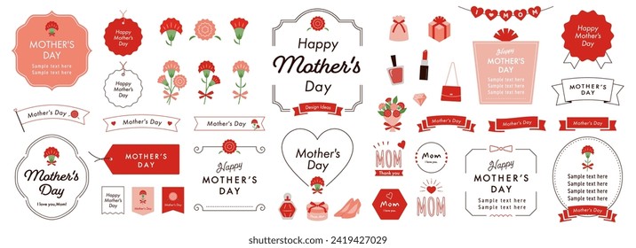 Mother's Day Design Ideas with Text Frames, Borders, and Other Decorations on a White Background, English ver. Open path available. Editable. Stock Vector