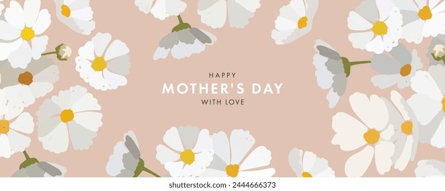 グリーティングカード、カバー、ウェブバナー、プロモーションテンプレートのためのモダンアートスタイルの母の日デザイン。抽象的の背景にパステルカラーの手描きの春の花とベージュのトレンディなタイポグラフィ。のベクター画像素材