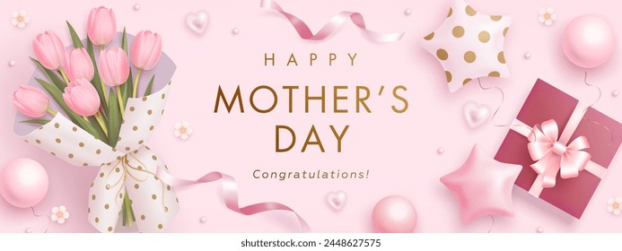 Mothers day horizontal billboard or web banner with realistic 3d pink tulips, gift box and golden text on pink background. Floral festive elegant wallpaper. Vector illustration Stock Vector