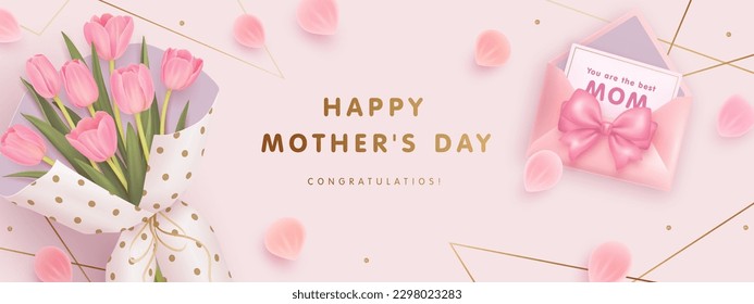 Mother's day sale poster or banner set with cartoon envelope and bouquet of tulips on pink background Stock Vector