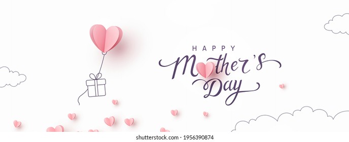 Mother's day postcard with paper flying elements and gift box on white sky background. Vector symbols of love in shape of heart for greeting card design Stock Vector