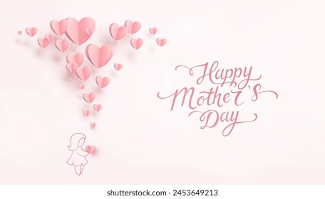 明るいピンクの背景に母の日のポストカードと紙の飛んでいるエレメントと子。グリーティングカードデザインのための心の形で愛のベクター画像シンボルのベクター画像素材