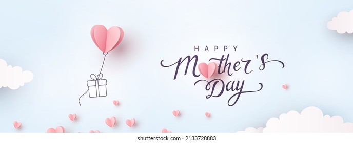Mother's day postcard with paper flying elements and gift box on blue sky background. Vector symbols of love in shape of heart for greeting card design Stock Vector