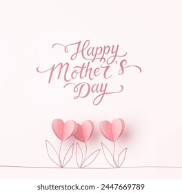 明るいピンクの背景に母の日のポストカードと紙のチューリップの花と書道のテキスト。グリーティングカード、カバー、ラベルデザインのための心の形の愛のベクター画像シンボル	のベクター画像素材