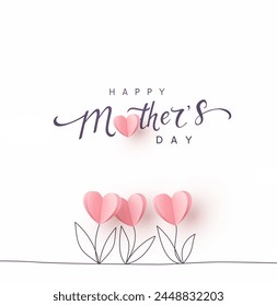 Mother's day postcard with paper tulips flowers and calligraphy text on white background. Vector pink symbols of love in shape of heart for greeting card, cover, label design
 Stock Vector