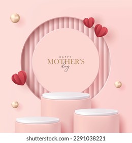Mother's day poster for product demonstration. Pink pedestal or podium with pearls and flying hearts on pink background. Stock Vector