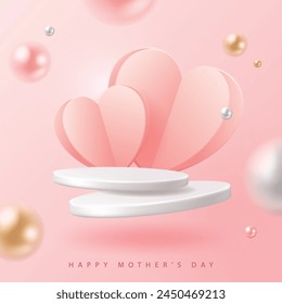 製品デモ用の母の日ポスター。ピンクの背景に白い台座または表彰台と心。のベクター画像素材