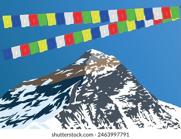 mount Everest with prayer flags as seen from gokyo, vector illustration, Mt Everest 8,848 m, Khumbu valley, Sagarmatha national park, Nepal Himalayas mountains Immagine vettoriale stock