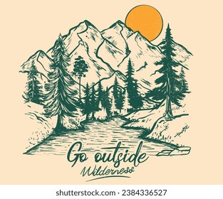 Mountain with tree vintage print design. Mountain with sunset and river. Go outside vector print design. Mountain adventure artwork design. Wild national park illustration. – Vector có sẵn