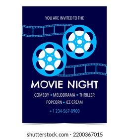 Movie night party invitation poster or announcement banner with cinematographic film strips and film reels. Movie night party advertisement card for film or cinema festival. Flat vector illustration. Immagine vettoriale stock