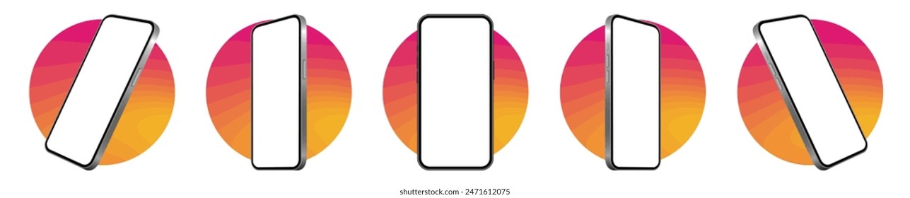 Mockup of a phone screen. Social media promotion. Advertising on a smartphone display. Device front view. 3D mobile phone. Cell phone. Pink and orange round frames. Stockvektor