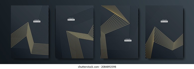 Modern black cover design set. Luxury creative line pattern in premium colors: black, gold and white. Formal vector for notebook cover, business poster, brochure template, magazine layout Immagine vettoriale stock