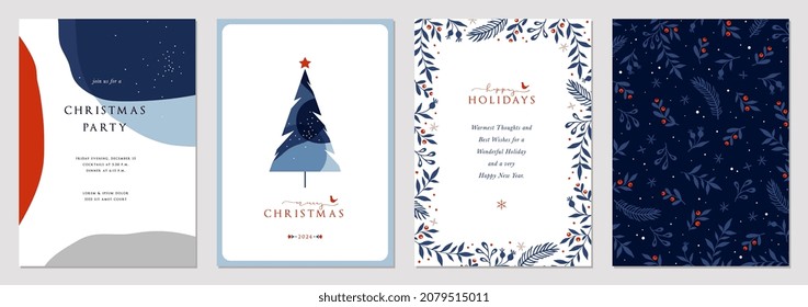 Modern Corporate Holiday cards with Christmas tree, birds, ornate floral frame, background and copy space. Universal artistic templates. Stock Vector