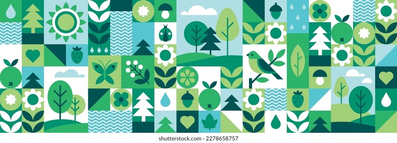 현대적인 기하학적 배경 추상적인 특성: 숲, 나무, 잎, 꽃, 새, 나비, 과일 그리고 열매. 평면 미니멀리즘 스타일의 아이콘 집합입니다. 원활한 패턴 벡터 그림입니다.  스톡 벡터