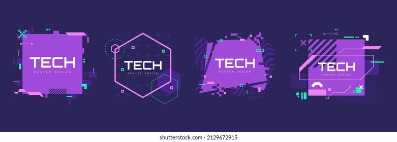 Modern technology banners collection in cyberpunk style. Abstract sci-fi text boxes with glitch effect. Futuristic hi-tech badges. Colorful glitchy background set. Vector illustration. स्टॉक वेक्टर