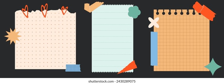 Modern torn paper, notebook sheets and colour tape collage set.  Elements for poster, social media, banners. Trendy vector illustration. Adlı Stok Vektör