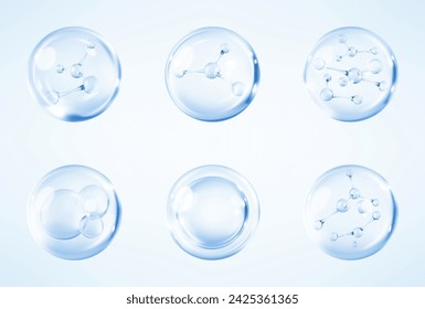 Molecules inside bubbles on blue background. Collagen serum bubble. Cosmetic essence. Concept skin care cosmetics solution. Vector 3d illustration Immagine vettoriale stock
