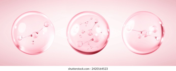 Molecules inside bubbles on pink background. Collagen serum bubble. Cosmetic essence. Concept skin care cosmetics solution. Vector 3d illustration Stockvektorkép