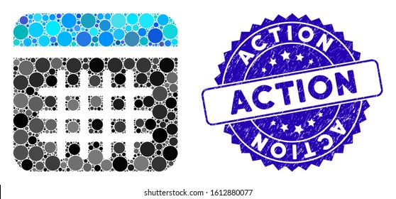 Mosaic calendar icon and grunge stamp seal with Action phrase. Mosaic vector is composed from calendar icon and with scattered spheric items. Action stamp seal uses blue color, and distress design. – Vector có sẵn