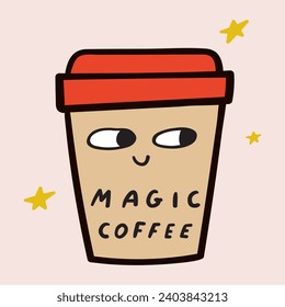 Magic coffee. Cute cup. Vector flat illustration. Hand drawn graphic  design on pink background. Card design. Stock vektor