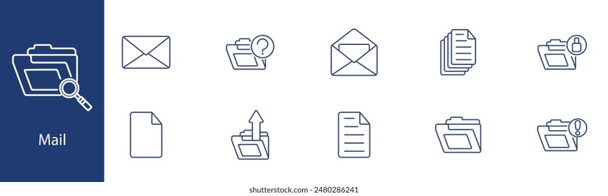 Mail set icon. Folder, email, document, search, sent, received, question, alert. Communication, correspondence, office concept. – Vector có sẵn