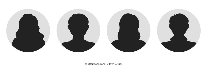 Male and female portraits, silhouettes, avatars or profiles for unknown anonymous persons. Man, woman, people. Black and white vector illustration. All objects are isolated स्टॉक वेक्टर