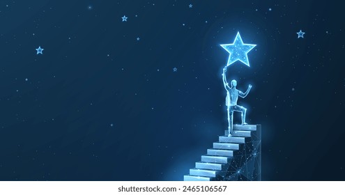 Man on the top of stair and star. Achieve career growth, Reach goal, Success ladder, Business opportunity, Leader businessman, Catch chance, Job opportunity, Achieve target, dream concept Adlı Stok Vektör