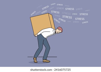 Man experiences stress due to pressure problems, carrying large box with load on back. Concept of stress caused by work overload and strict deadlines, forcing overwork and professional burnout Immagine vettoriale stock