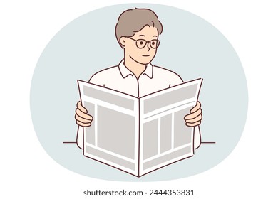 Man holds newspaper reading news about latest business events and political changes or financial articles. Businessman with newspaper studying economic news in fresh press during break Stock-vektor