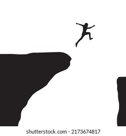 Man jumping over abyss, between hill.
,jump over cliff. vector illustration style, on white background  Immagine vettoriale stock