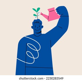 Man learner using watering can to water growing seedling on his head. Self improvement concept. Colorful vector illustration
 Stockvektor