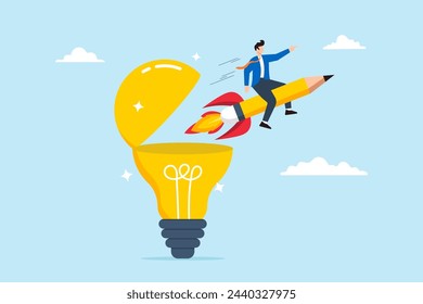 Man rides pencil rocket from open light bulb, illustrating creativity for generating new ideas. Concept of imagination, inspiration, education, and boosting creative thinking to writing content Immagine vettoriale stock