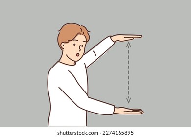 Man showing distance with hands. Frustrated guy demonstrate measurement with palm. Vector illustration.  庫存向量圖