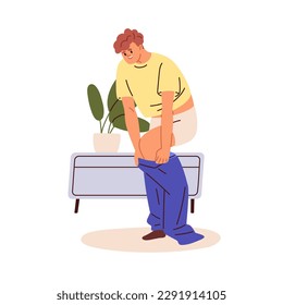 Man taking, putting on trousers, clothes, getting ready in morning. Happy person dressing jeans, pulling on pants, changing apparel at home. Flat vector illustration isolated on white background Imagem Vetorial Stock