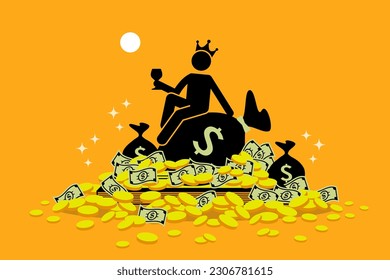 Man wearing a crown sitting on a pile of money and gold coins. Vector illustrations clip art depicts concept of rich, wealth, inheritance, lucky, fortune, treasure trove, and extravagant.  库存矢量图