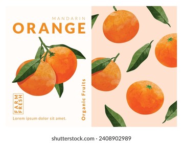 Mandarin orange packaging design templates, watercolour style vector illustration. 库存矢量图