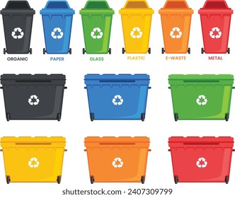 Many garbage cans with sorted garbage. Sorting garbage. Ecology  and recycle. Trash cans. Green, yellow, orange, red, blue and black recycle bins with recycle symbol isolated on white background. Arkivvektor