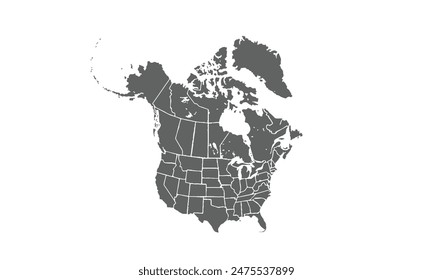 map of north america isolated on white background. for website layouts, background, education, precise, customizable, Travel worldwide, map silhouette backdrop, earth geography, political, reports. Immagine vettoriale stock